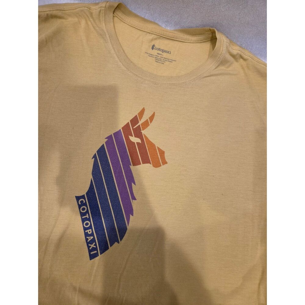 Cotopaxi Llama Stripes Organic Graphic Tshirt Yellow Mountain Outdoor Hiking L